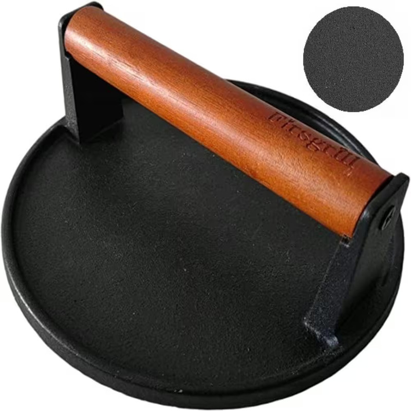 Burger Press Heavy-Duty Cast Iron Smash Meat Steak with Wood Handle for Grill (R gallery