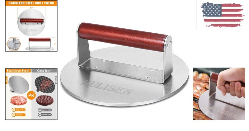Stainless Steel Smashed Burger Press with Wooden Handle for Effortless Cooking gallery