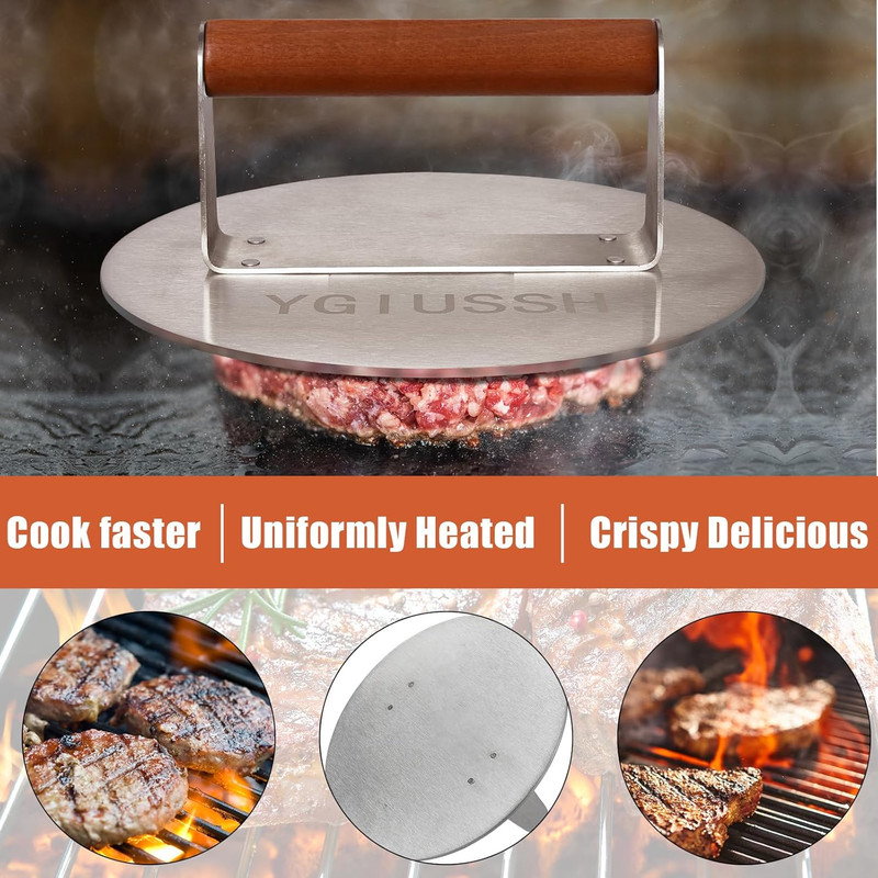 8.7 Inch Heavy-Duty Grill Press with Beech Wood Handle Stainless Steel Bacon Pre gallery