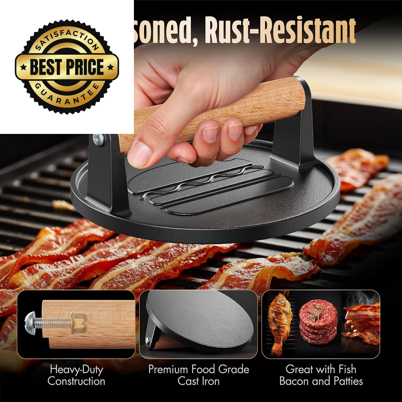 Pisol Smash Burger Press, Pre-Seasoned Cast Iron Hamburger Smasher, 2 Round gallery