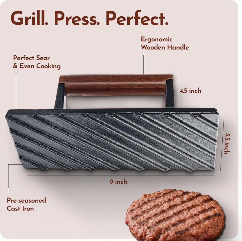 Bacon Press Rectangle | Heavy-Duty Cast Iron Grill Press for Perfectly Seared... gallery