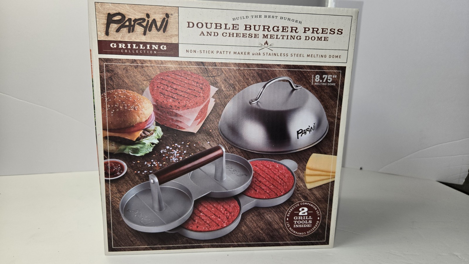 Parini Double Burger Press & Cheese Melting Dome Set Nonstick Grill BBQ Tool NEW gallery