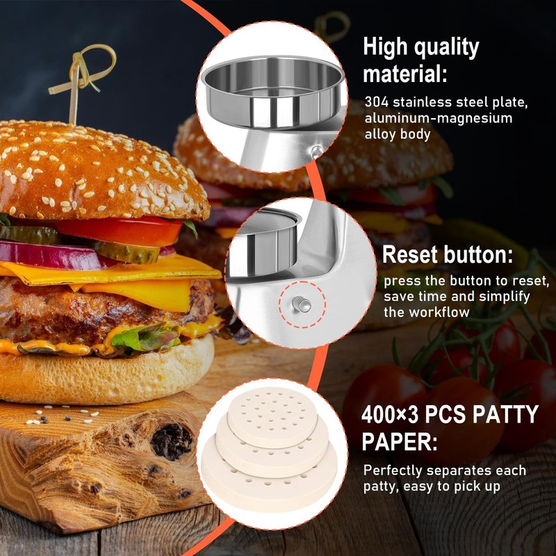 Commercial Burger Patty Maker 3 in 1 Stainless Steel Heavy Duty Hamburger Pre... gallery
