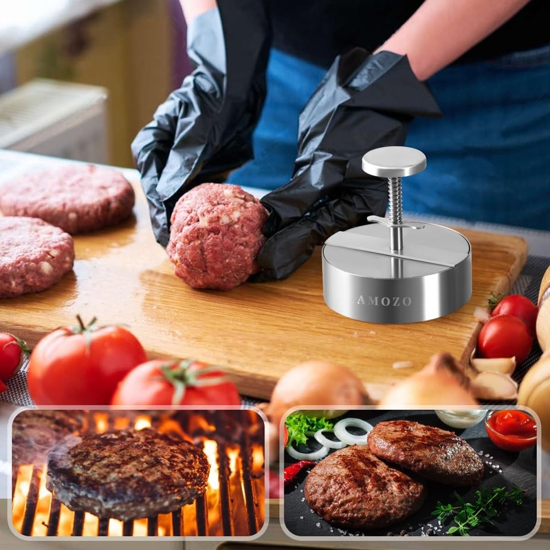 AMOZO Burger Press Patty Maker with 100-Sheet Baking Paper, 5.5 Inch, silvery gallery