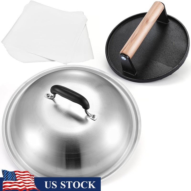 7 Inch Cast Iron Burger Press W/ 12.5 Inch Stainless Steel Melting Dome Set New gallery