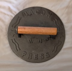 Cast Iron Bacon Press Large Non-Stick Black Brown Wood Handle Single
