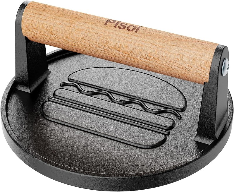 Pisol Smash Burger Press, Pre-Seasoned Cast Iron Hamburger Smasher, 2 lb gallery