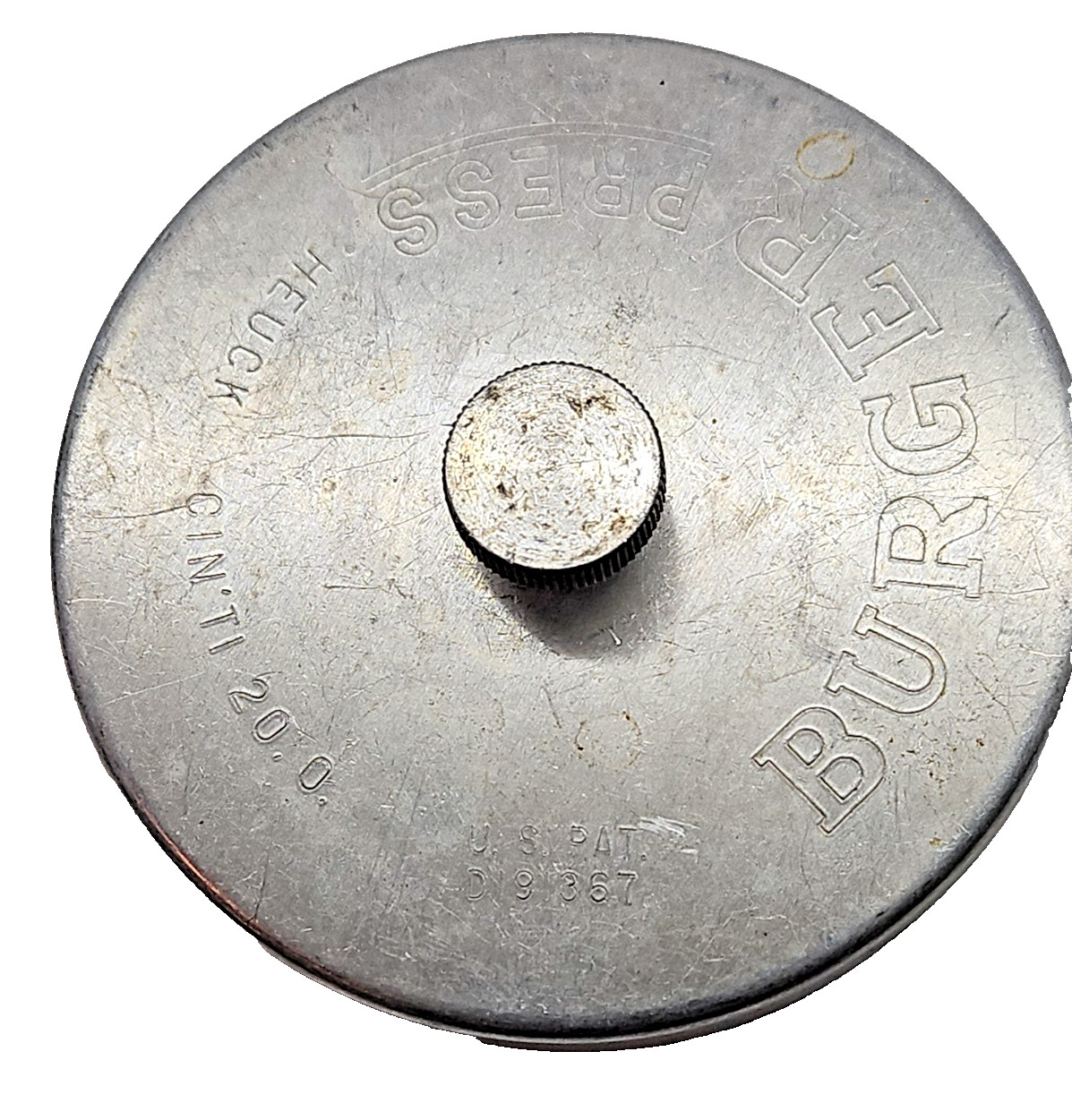 Vintage Burger Press Heuck Cin Ti Silver Gray Metal 3.75" gallery