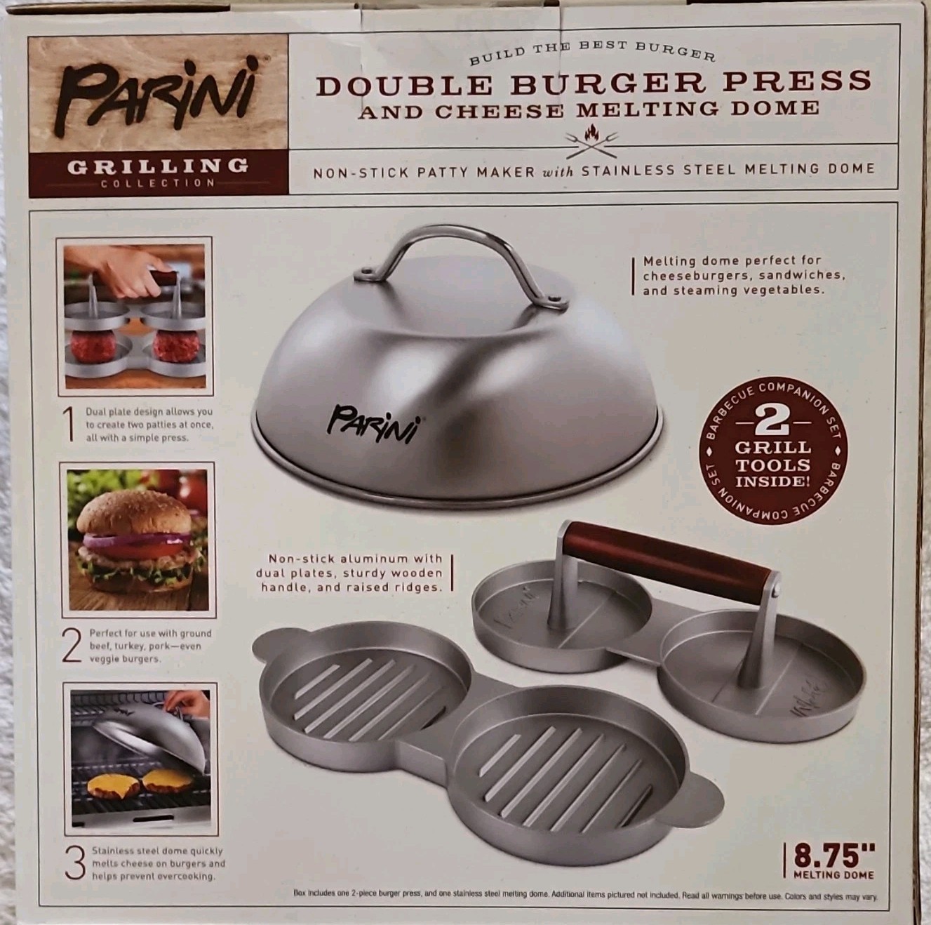 Parini Double Burger Press & Cheese Melting Dome Non-Stick 8.75" Stainless Steel gallery