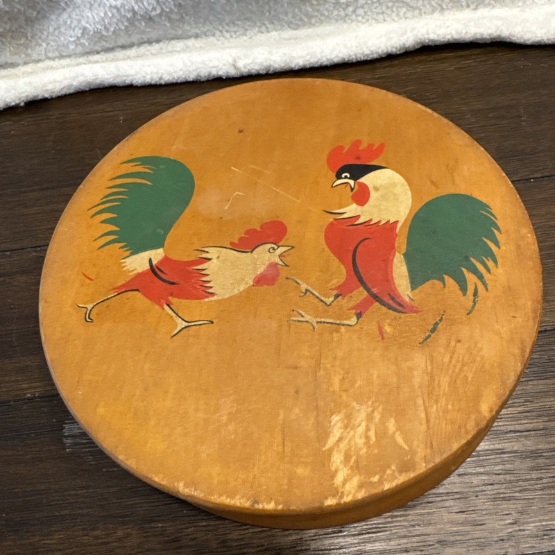 Vintage Wooden Hamburger Patty Press Hand Painted Fighting Roosters gallery