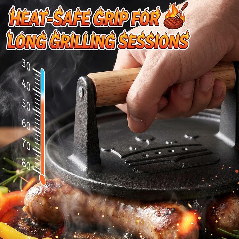 Burger Press 6.5â€,Cast Iron Flat Round Edge Grill/Bacon/Meat/Hamburger/C gallery