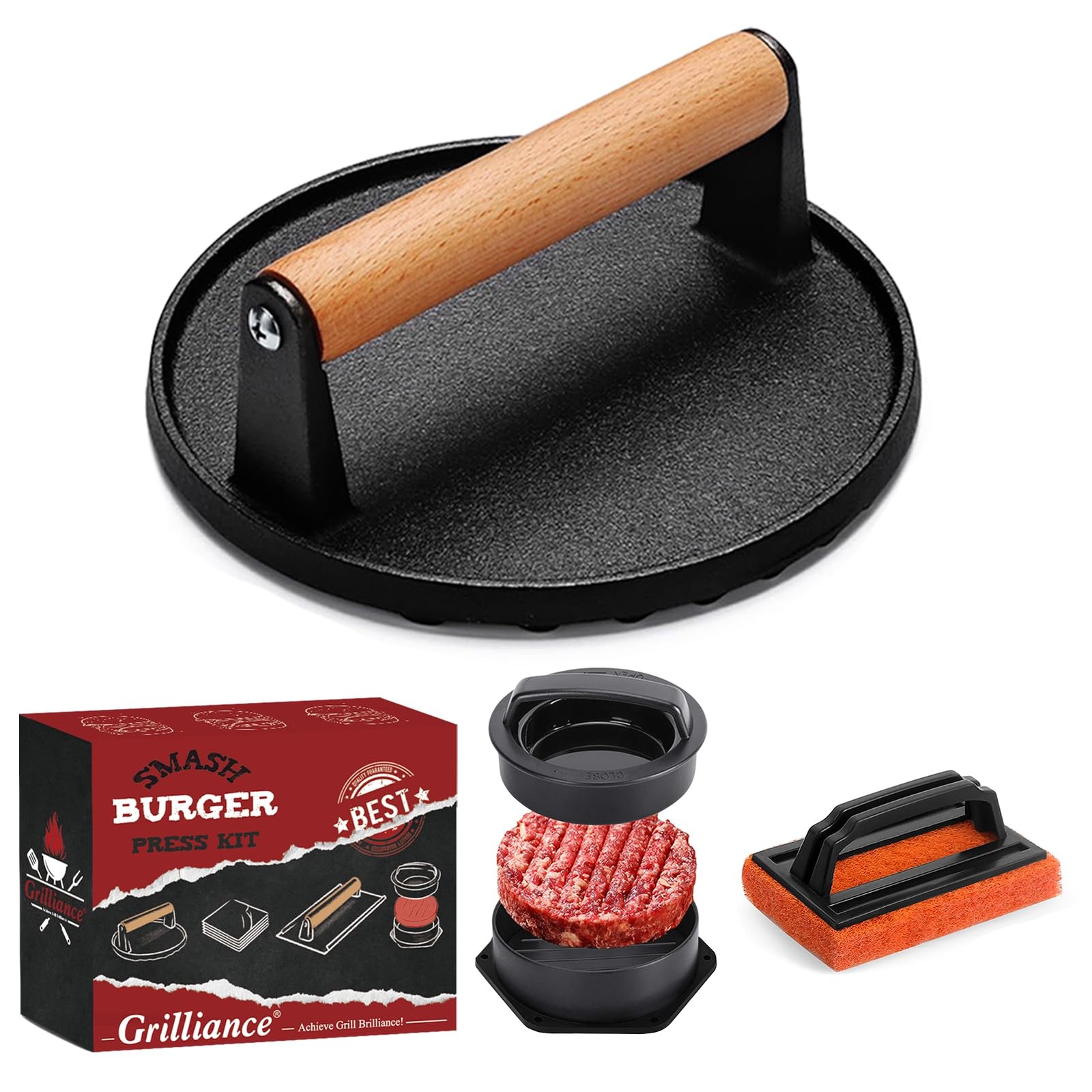 Grilliance Smash Burger Press Kit, 3 in 1 Hamburger Pack of 1, Dark Black gallery