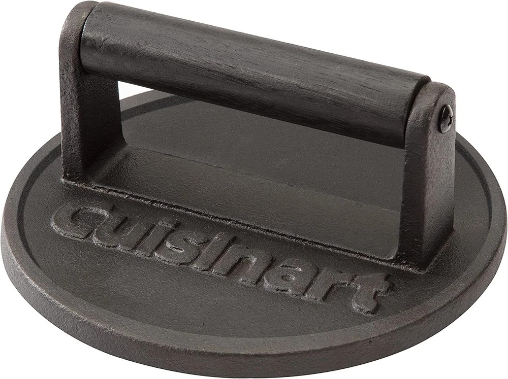 Cuisinart 6.5" Cast Iron Smashed Burger Press, round Flat Edge Grill Press for C