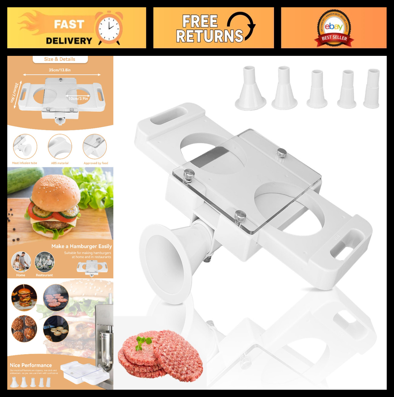 Auto Hamburger Patty Maker - 5 Adapter Tubes, Homemade Burger Press & Sausage Fi gallery