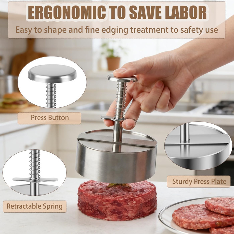 304 Stainless Steel Burger Press, 4.5 Inch Hamburger Patty Maker with Spring Bac gallery