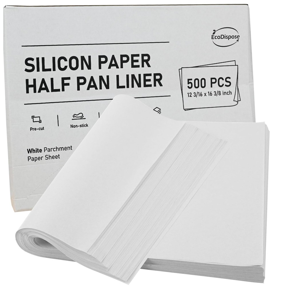 EcoDispose Non-Stick Precut Parchment Paper Baking Half Pan -500pcs, White