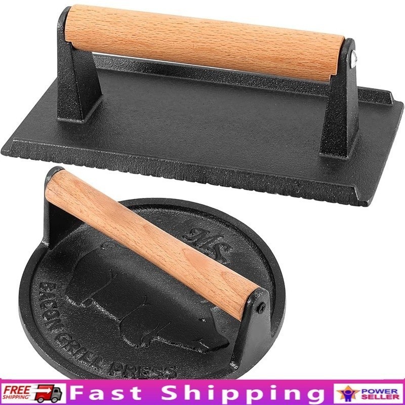 Heavy Duty Cast Iron Grill Press Wooden Handle Even Cooking Bacon Burger Steak