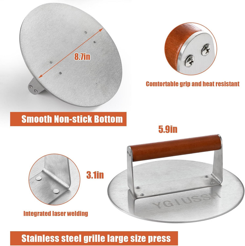 8.7 Inch Heavy-Duty Grill Press with Beech Wood Handle Stainless Steel Bacon Pre gallery