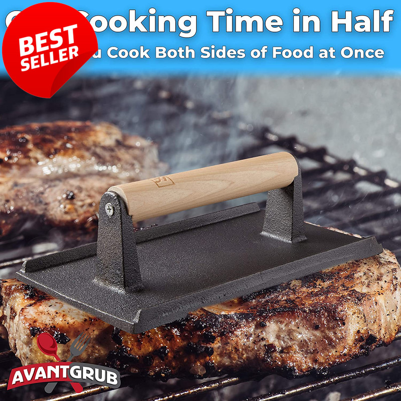 Cast Iron Grill Press 2Pk Pre Seasoned Steak Burger Weight Wood Handle BBQ - US gallery