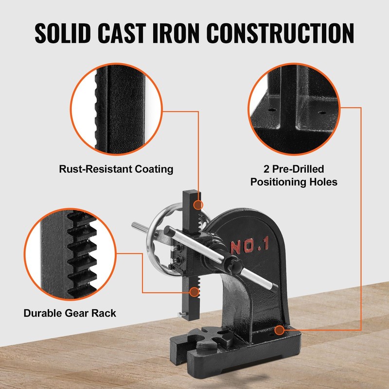 Arbor Press, 1 Ton Manual Arbor Press with Handwheel, 5.9" Maximum Height, Cast gallery