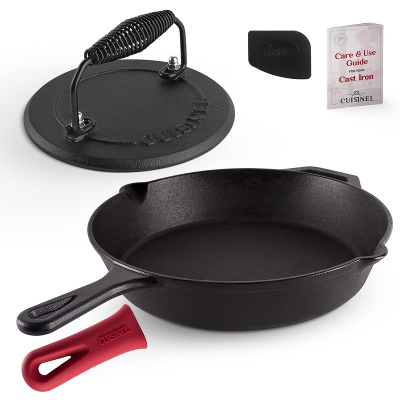Cast Iron Skillet + Grill Press + Scraper Set 12"inch Preseasoned Frying Pan + S gallery