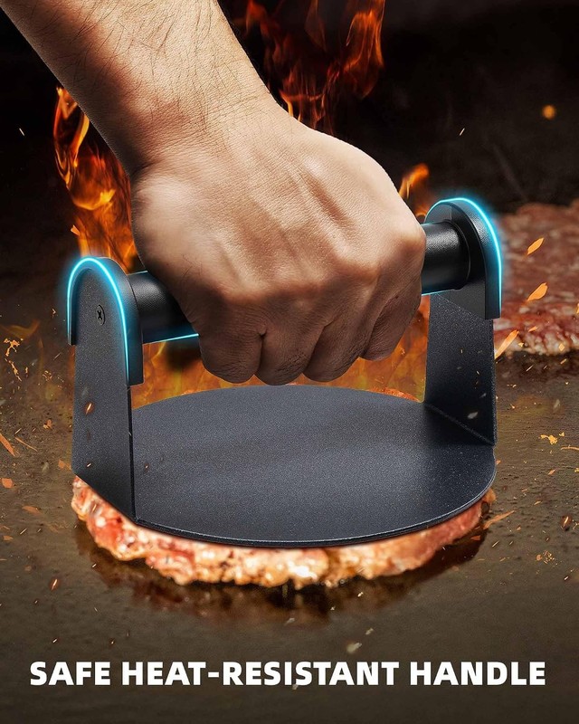 Burger Press 6'' Round Burger Smasher Griddle W/ Heat-Resistant Handle gallery