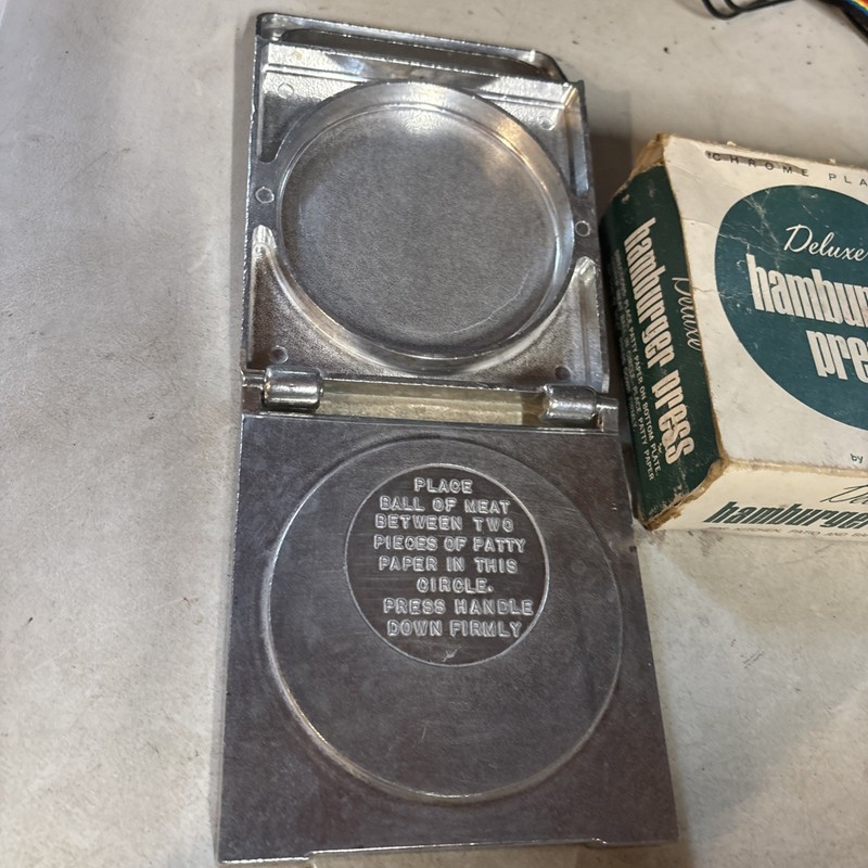 Kitchen-Quip Deluxe Vintage Chrome Plated Hamburger Press in Box - Read gallery