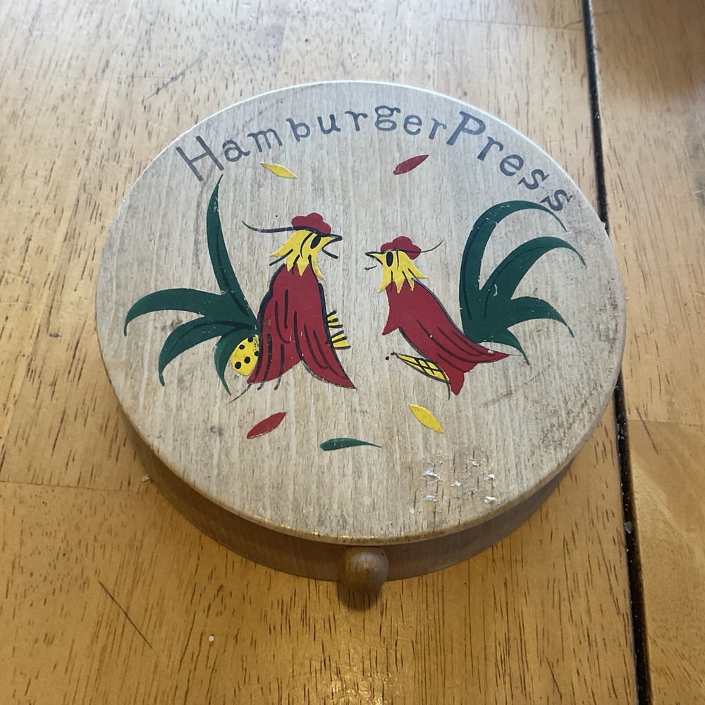 Vintage Hamburger Press Roosters Wood Made in Japan Retro Kitchen