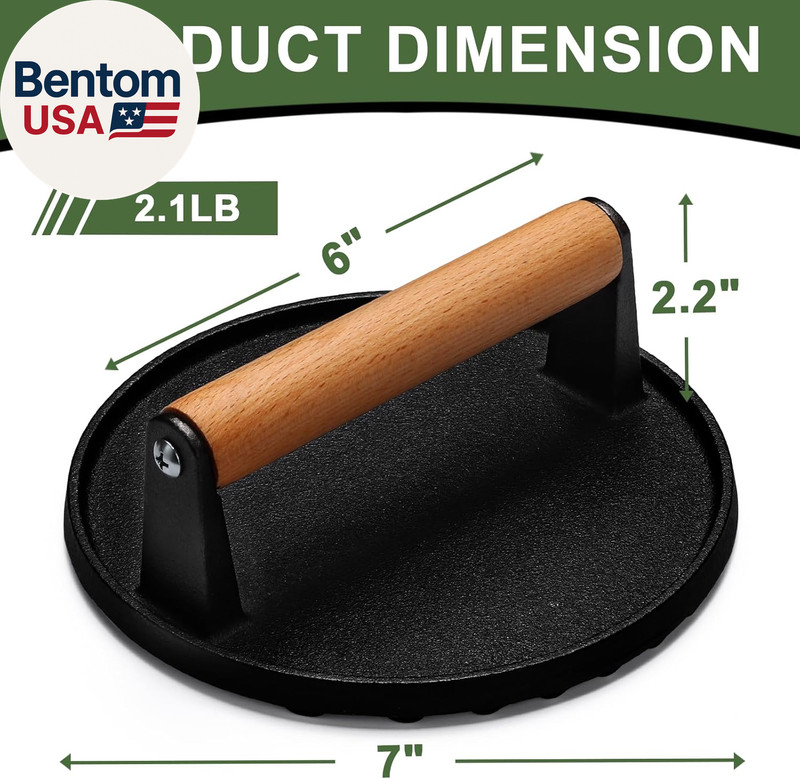 Burger Press, 7" round Heavy-Duty Cast Iron Smash Bacon Press Meat Steak with Wo gallery