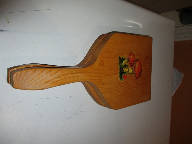 VTG 70s Wooden Hamburger Patty Press Handle Wall Hanging Mushroom Design 12"x5" gallery