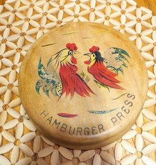 Vintage Wooden Hamburger Press Roosters design Made In Japan Mid Century Kitchen