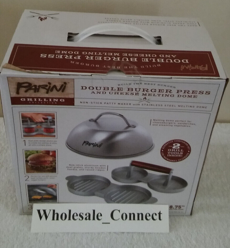 PARINI NON-STICK DOUBLE BURGER PRESS & CHEESE MELTING DOME 8.75" PATTY MAKER NEW gallery
