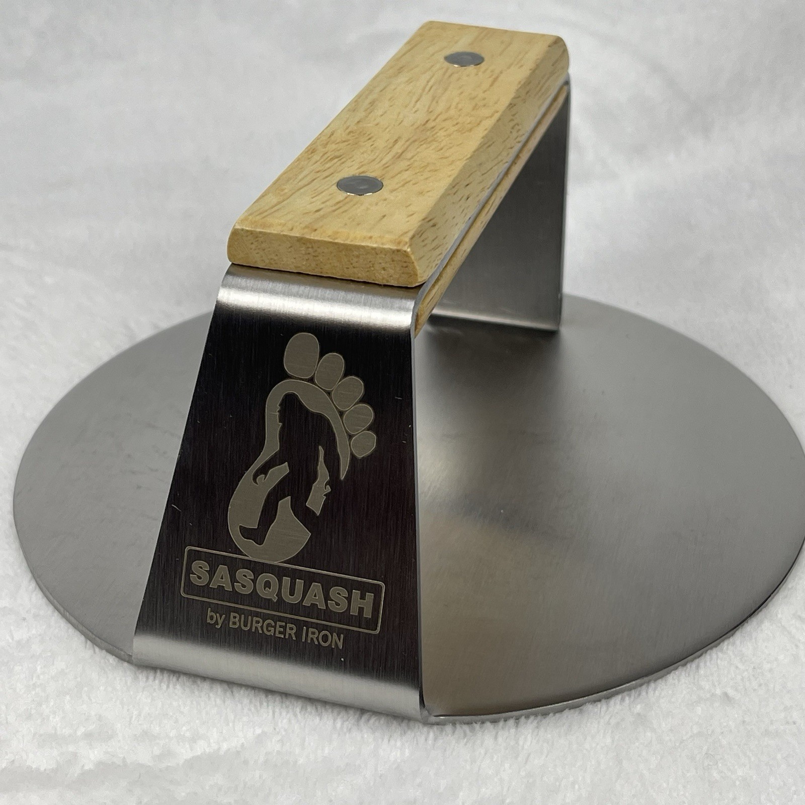Burger Iron Sasquash 6" Stainless Steel Burger Press Smasher Wide Handle gallery