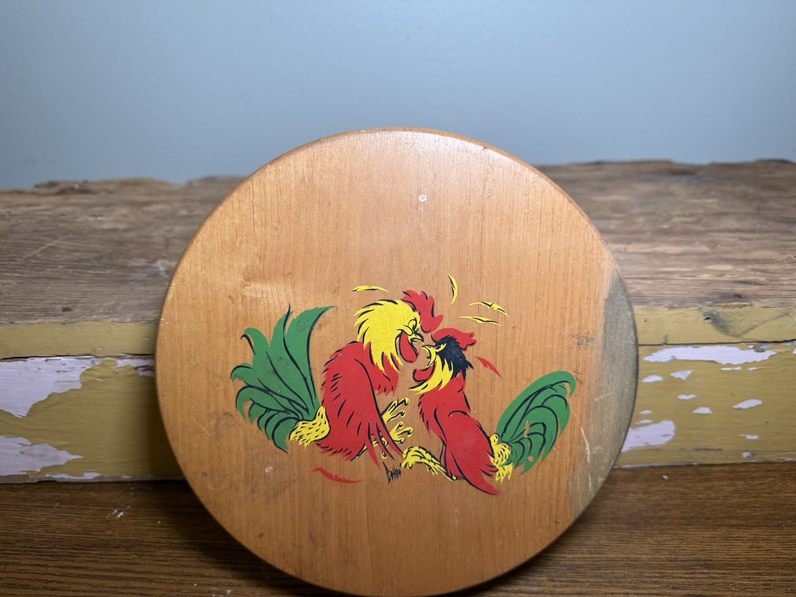 Fighting rooster hamburger press wood wooden round Mid Century cock fight Japan gallery