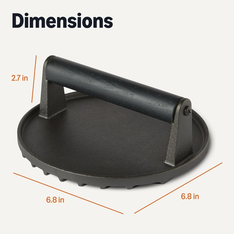 Amazon Basics Cast Iron Burger Press with Wooden Handle, Round, 6.8 x 6.8 x 2.7 gallery