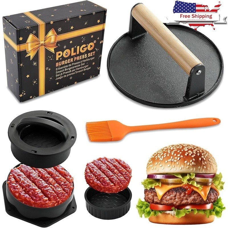 Smash Burger Press Kit 4 in 1 Hamburger Patty Storage Container Cast Iron