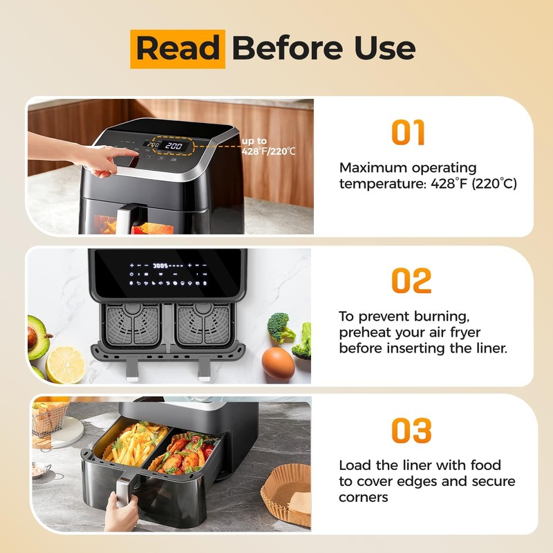 125Pcs Air Fryer Liners Disposable for Dual Basket, 8*5.5"Rectangle, Natural gallery