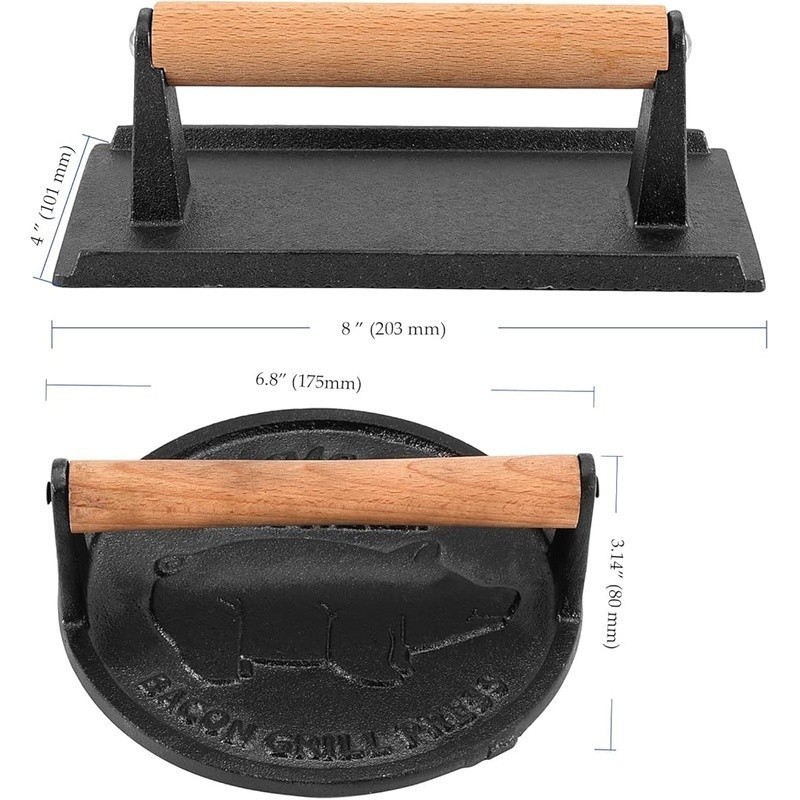 Heavy Duty Cast Iron Grill Press Wooden Handle Even Cooking Bacon Burger Steak gallery