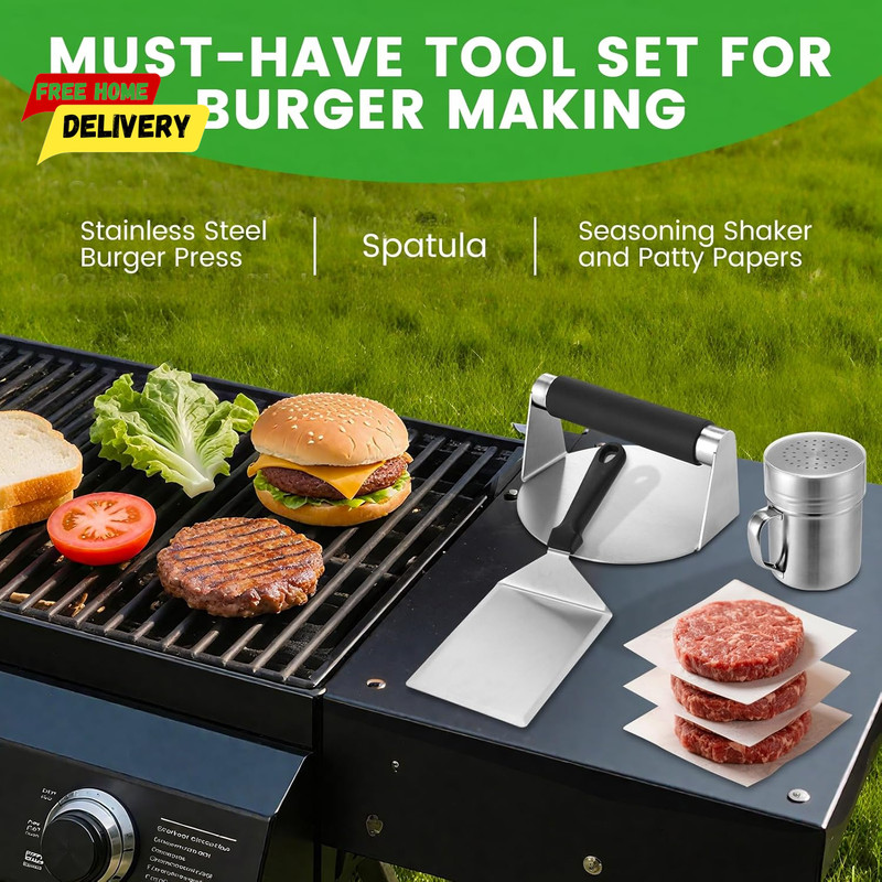 Smashed Burger Press Kit with Large Metal Spatula, Stainless Steel Press, Season gallery
