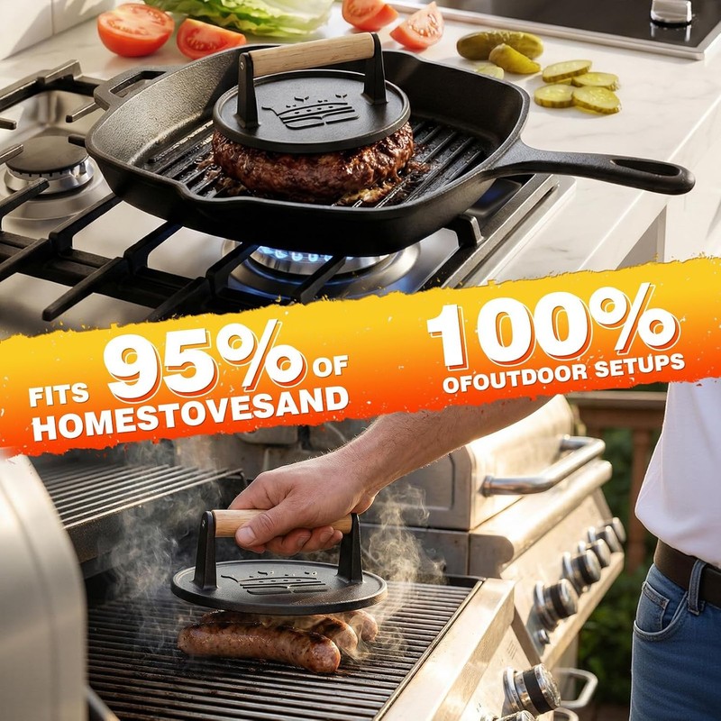 Smash Burger Press 6.5”,Cast Iron Flat Round Edge gallery