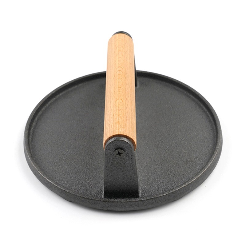Round Meat Pressing Plate with Wood Handle Non-Stick Iron Burger Press Pan gallery