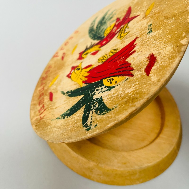 Vintage 50s 60s MCM Cragstan Hand Painted Roosters Wood Hamburger Press Japan gallery