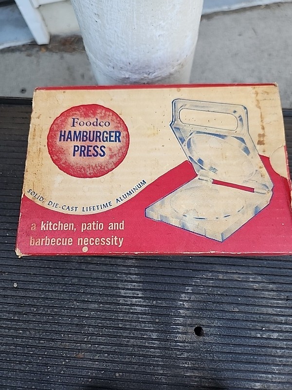 Vintage Foodco Hamburger Press in Original Box Die Cast Aluminum Kitchen Quip gallery