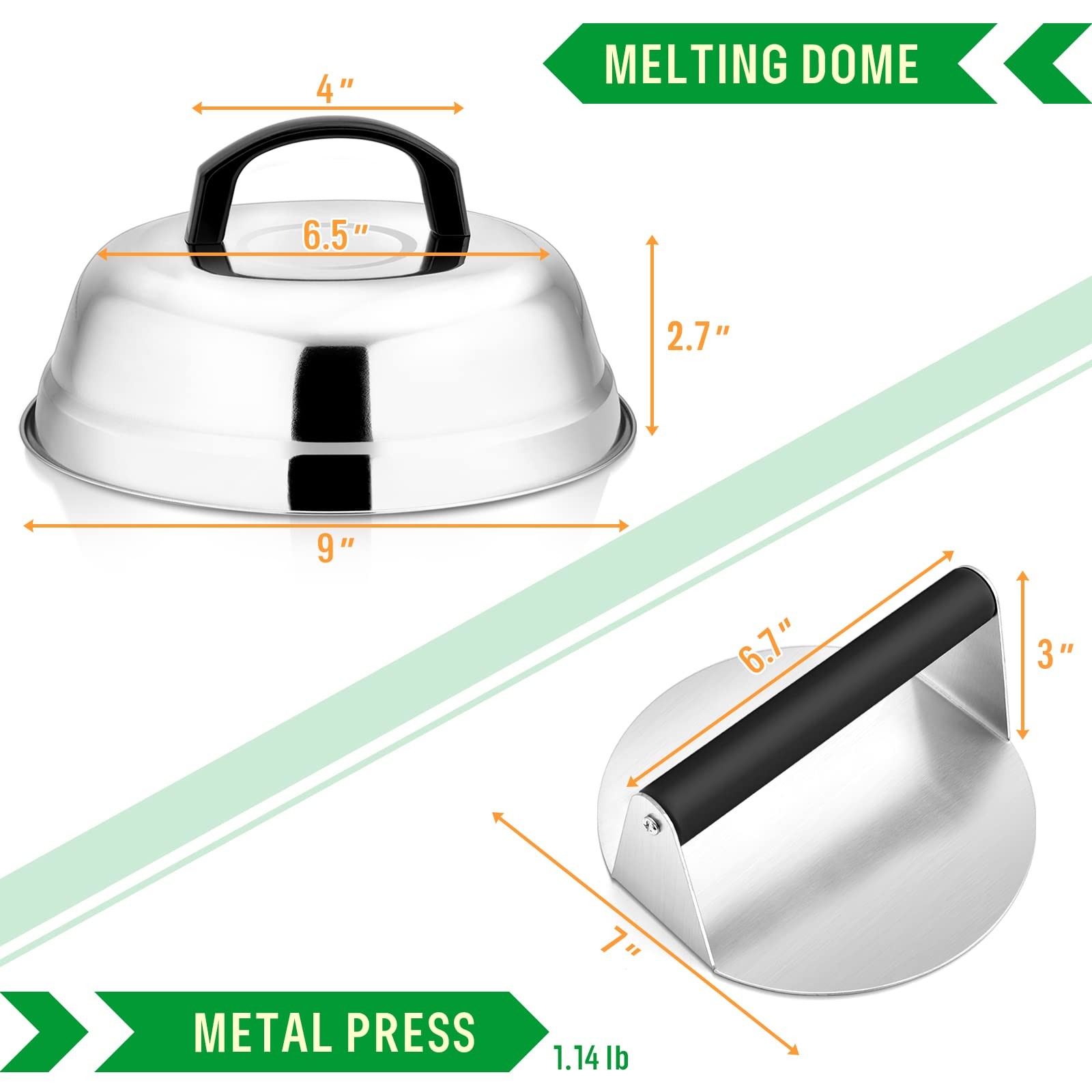 9In Melting Dome & 7In Burger Press, Round Basting Steam Cover with Stainless... gallery