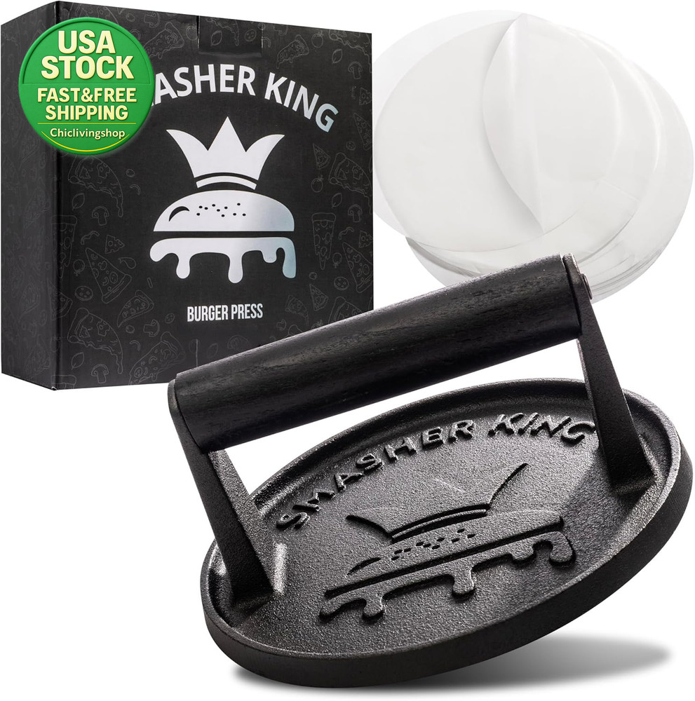 Cast Iron Burger Press with 25 Patty Papers and Black Wood Handle