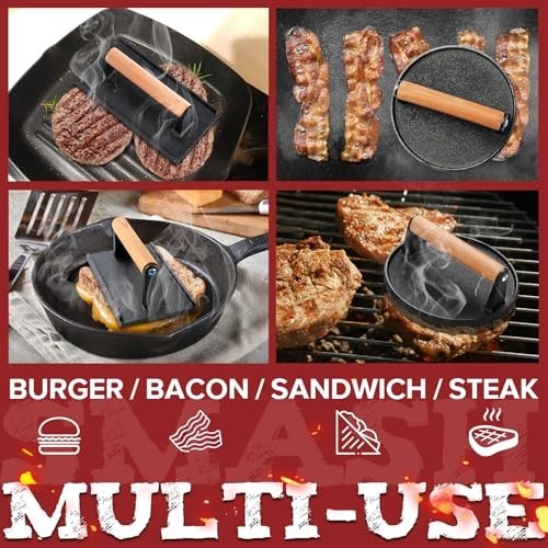 5pcs Burger Press Kit - 3-in-1 Patty Maker, Cast Iron Round & Rectangle, 100 Wax gallery