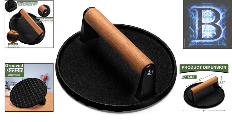 Heavy-Duty 7-Inch Cast Iron Meat Press - Perfect for Burgers, Bacon, and More gallery