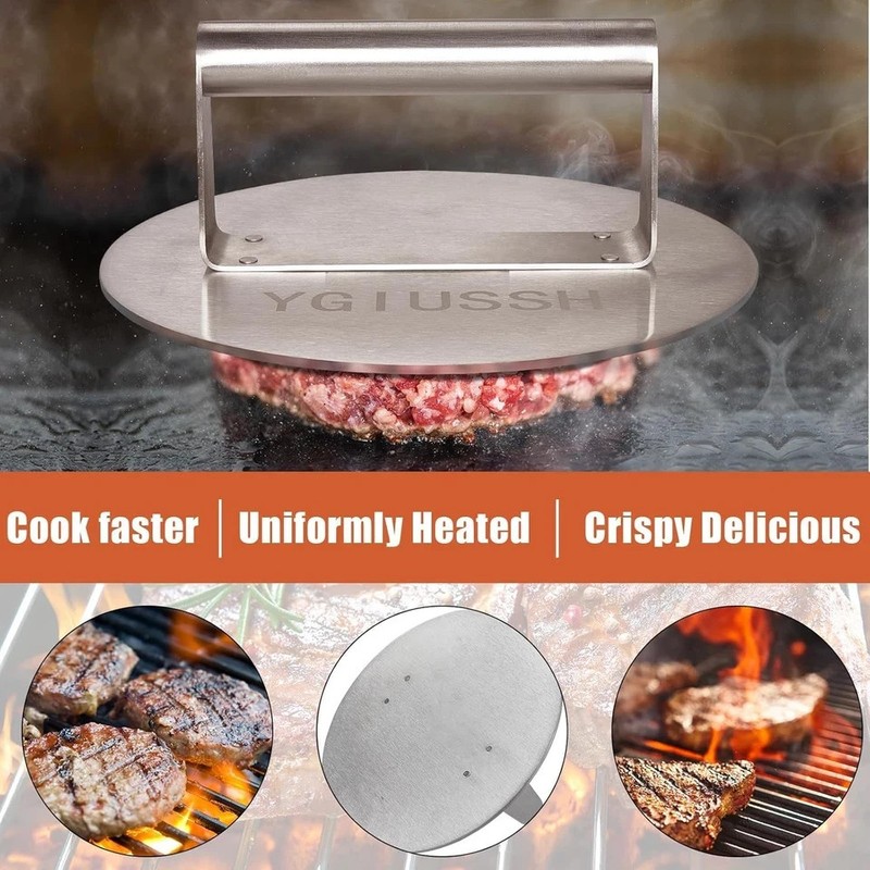 Stainless Steel Bacon Press 8.7 Inch round Heavy Duty BBQ Press with Heat Resist gallery