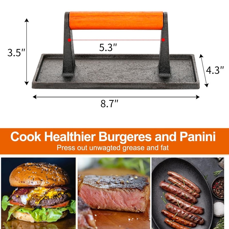 Heavy Duty Cast Iron Grill Press 8.7"X4.3"Rectangel Burger Bacon Smasher gallery