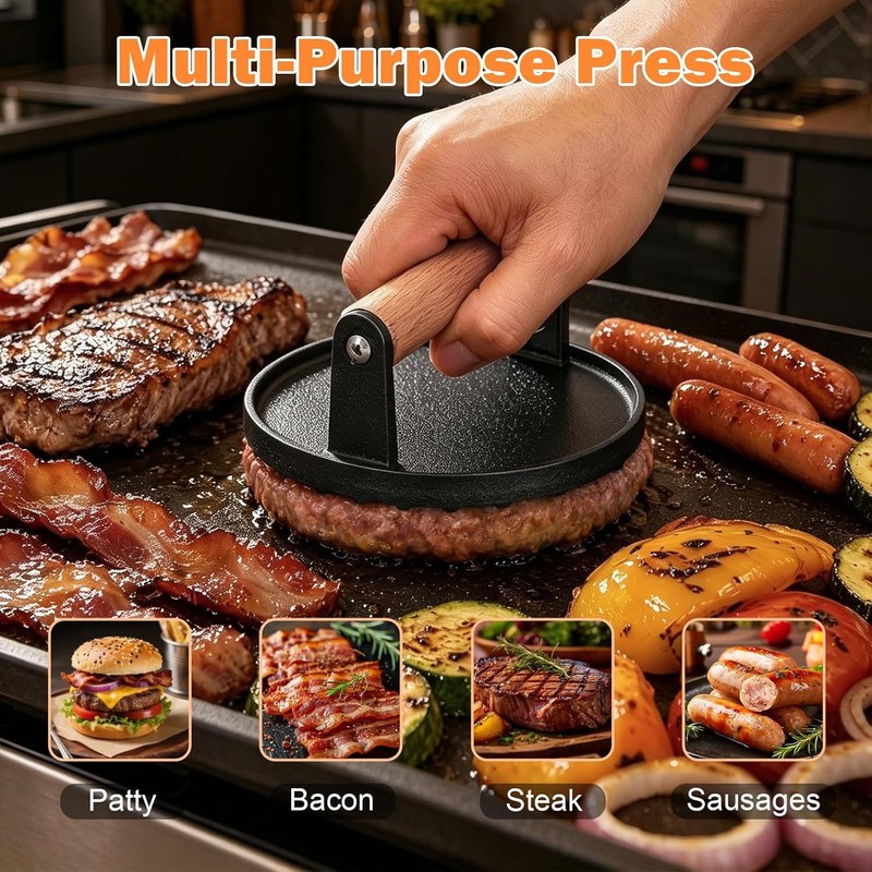 Smash Burger Press 6.3” Cast Iron Burger Smasher Heavy Duty Grill Bacon Meat gallery